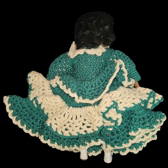 Wang’s International 1991 Porcelain Doll in Handmade Green & Cream Crochet Dress - Picture 6 of 8